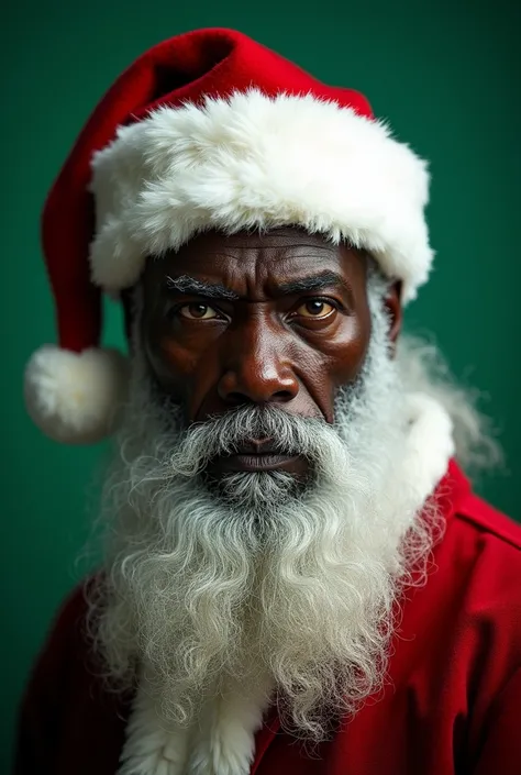  I want a black man with big white hair and beard, strong,  White eyes,  wearing a red Christmas hat , The background must be green 