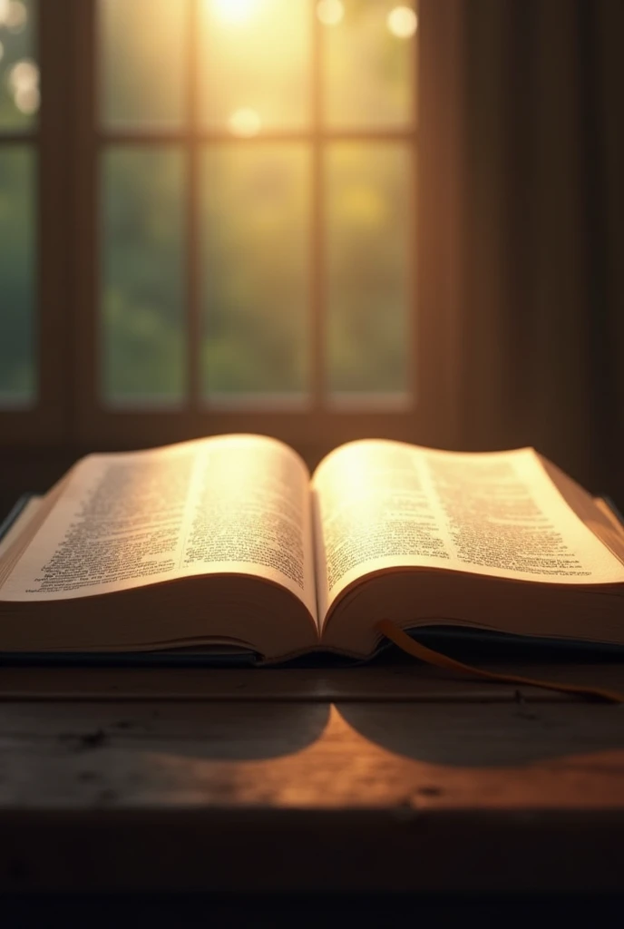 Create an image of an open Bible with soft light illuminating the pages. 