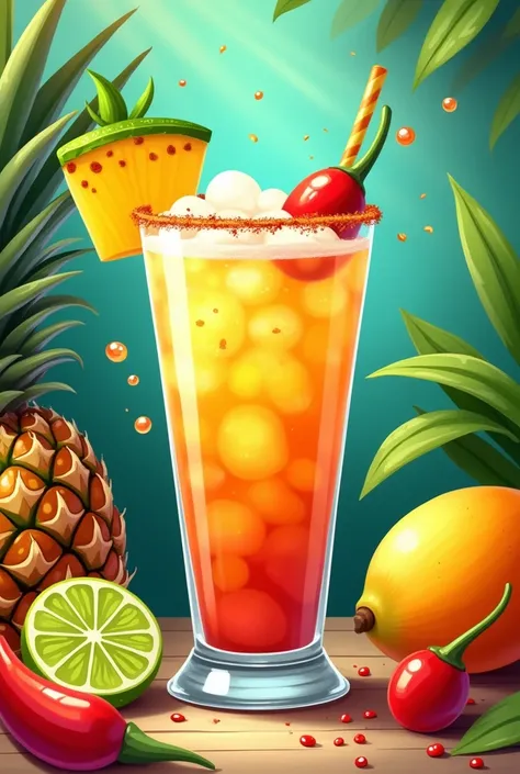 Bubbly Michelada CUP and tropical fruit background cartoon

