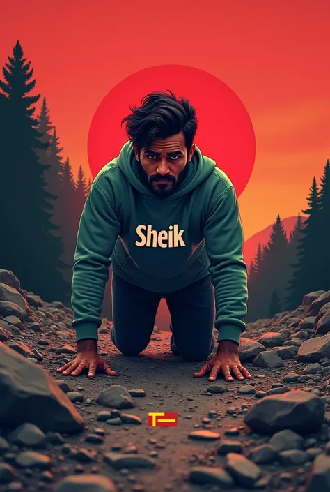 An 8d logo of a guy with a sweatshirt written on it the word Sheik with a man crawling  like Bandeirantes the word TM the ground full of rocks a forest behind the red sky