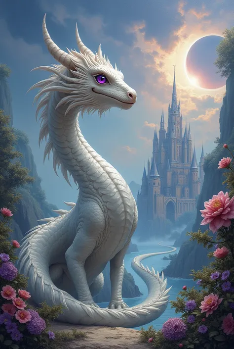 a realistic painting of a dragon with white scales and purple eyes ,  behind a sun-inspired castle with Jade flowers all around and an eclipse peeking in the sky 