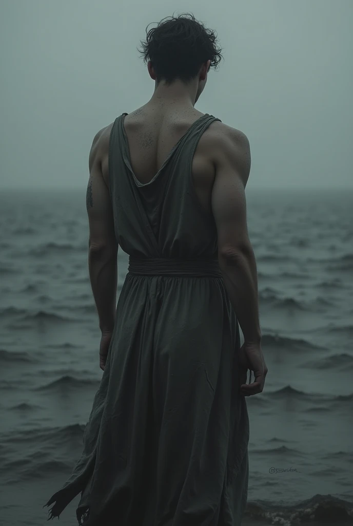  A 30 years boy with  old dress  standing reverse (back side) 
behind a sea with black and white picture sad mood with broken heart  crying hard
