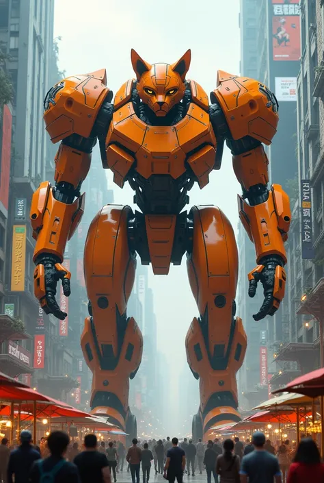 Generate a high quality 3D image:An orange colour giant cat robot standing in the open market city  and blast bomb 