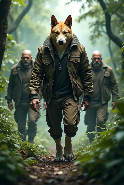 Hybrid muscle dog walking forward in forest clothes, Amazon background with 2 henchmen on the side  