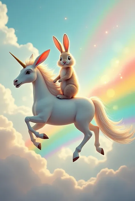 A rabbit riding on a unicorn crossing a rainbow