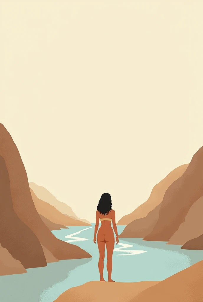  illustration,  prehistory , minimalism ,  inspired by the first peoples ,  soft shades ,  Textured background reminiscent of a primitive era {x} standing near a stylized river with simple waves.  Stylized prehistoric Venus .  Soft hues  : sable, pale blue...