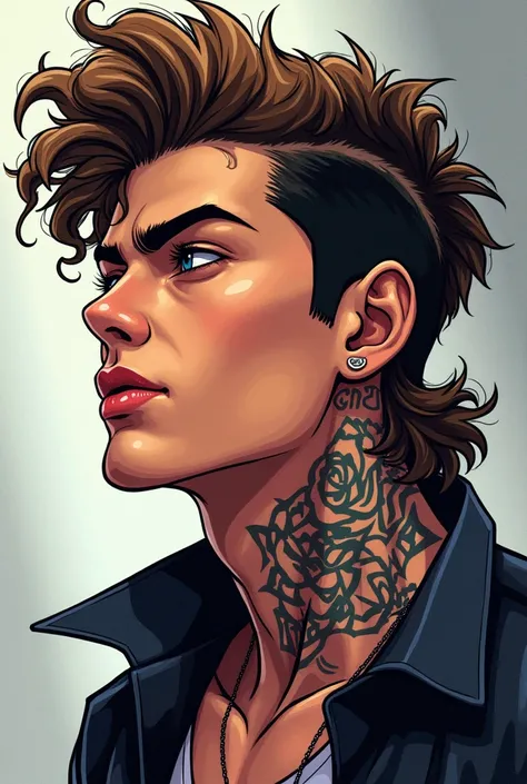 Create a handsome teenage man with curly hair, light brown skin,  neck tattoo,  mullet haircut,  and a badboy expression on his face, In the spider-verse style drawing 