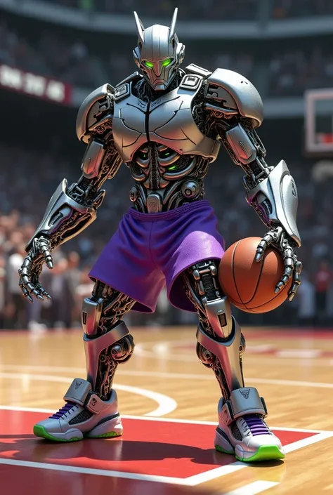 A photo of "Megatron" with metallic silver skin and robotic organic parts. He is wearing a violet and green basketball t-shirt and shorts and has a basketball in his hand. He is wearing violet and green basketball shoes. "Megatron" is in action position on...