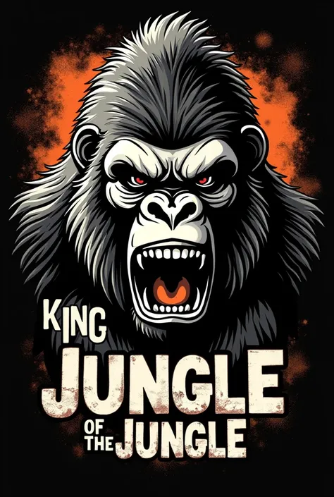 Design a bold, detailed illustration of King Kongs fierce head in the center, with a dynamic, aggressive expression. Surround the head with a distressed, gritty texture. Add text beneath the image that says King of the Jungle in a strong, stylized font, wi...