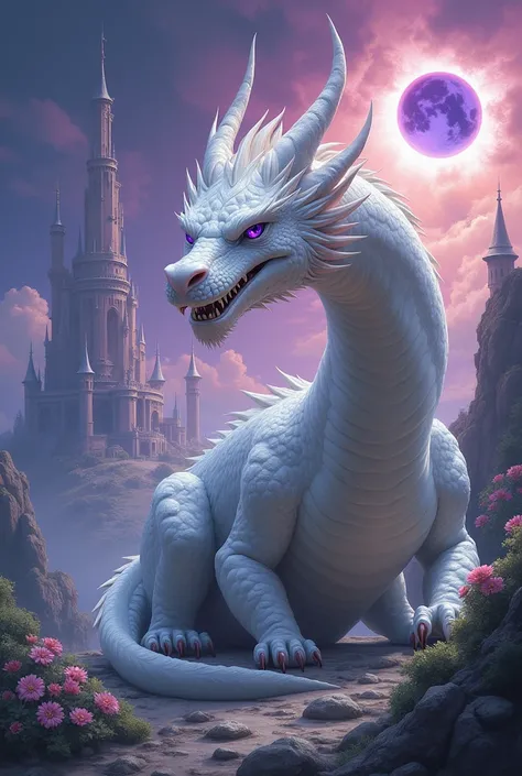 a realistic painting of a dragon with white scales and purple eyes with an intimidating expression ,  in the background a sun-inspired castle with Jade flowers around it and an eclipse peeking in the sky 