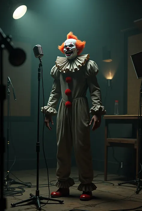 A macabre clown singing in a music studio 