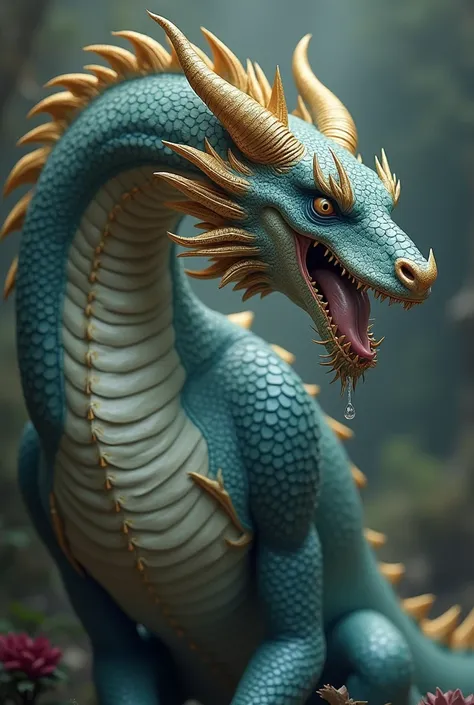 Fille dragon,sexy,bluish skin ,  golden scales, penché en avant,  open mouth, wet tongue, Eyes Closed 
