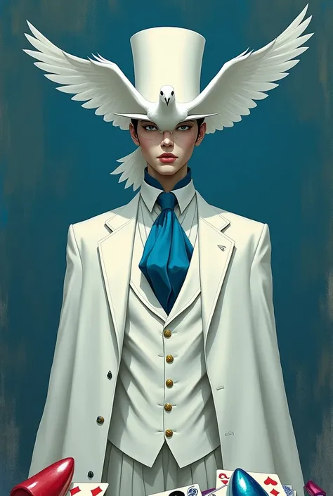 
Description:
 A surrealist work of art inspired by René Magritte ,  in which Kaito takes center stage .  He wears his iconic white suit with a cape ,  the blue tie scarf ,  the white top hat and the monocle .  A white dove flies in front of his face and p...