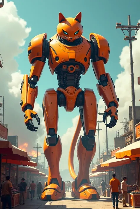 Generate a high quality 3D image:An orange colour giant cat robot standing in open market city and in background bombs was blast 