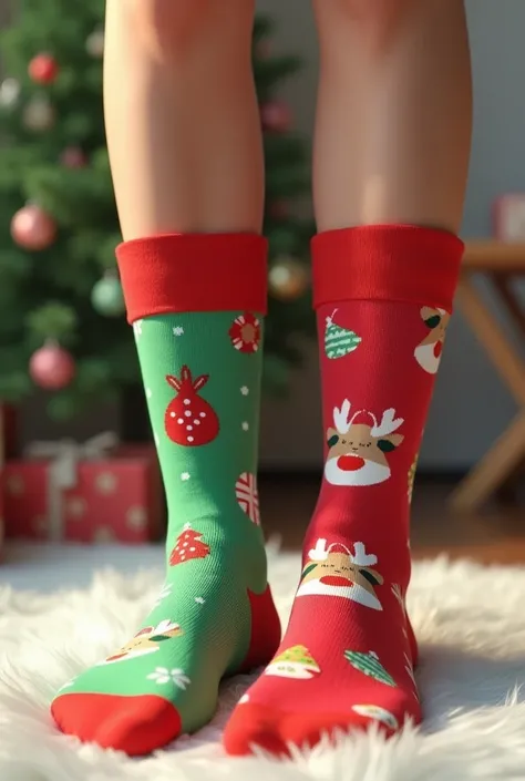 Pictures of a young womans feet with Christmas socks 