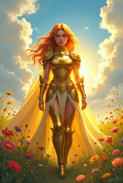 female sun themed summer paladin with a cherubic face and copper hair wearing golden armor standing in a lush sunny field with colorful spring wildflowers