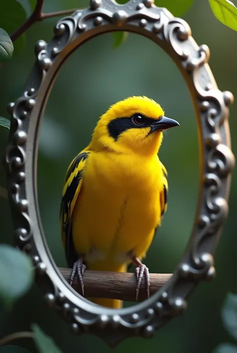  A yellow Bem-Te-Vi bird with a black stripe in the eye area, If you look into an oval mirror with a frame drawn in silver , Where to perfectly see your reflection  