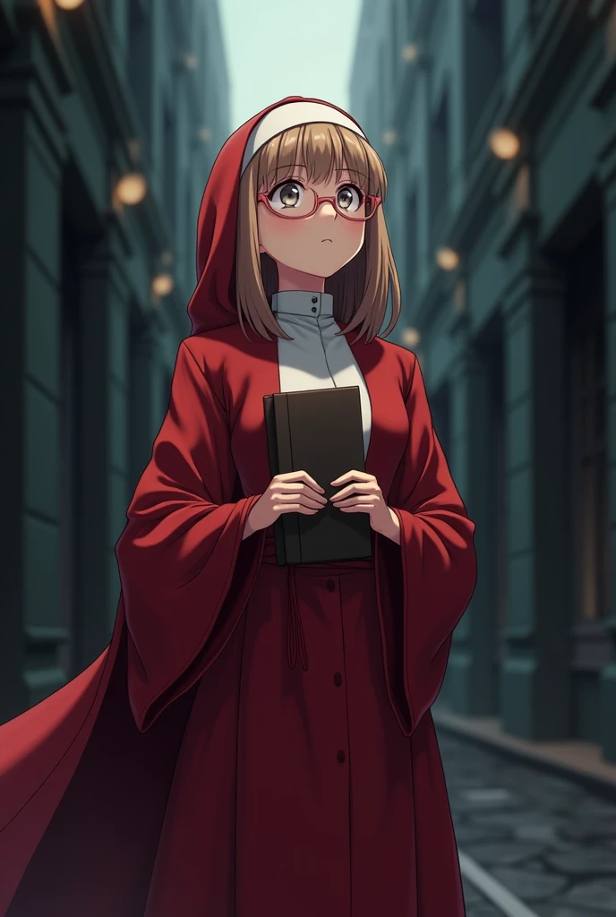  Create a white girl with light brown hair almost blonde wearing robes from the series The Handmaids Tale, holding a graduation award in red looking at the horizon inspiring in epic pose. Do it in dark anime format. From the original features of a cute Bra...