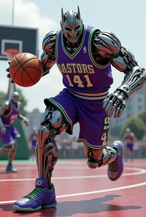 A photo of "Megatron" with metallic silver skin and robotic organic parts. He is wearing a violet and green 141 basketball t-shirt and shorts with the number "141" on it and has a basketball in his hand. He is wearing violet and green basketball shoes. "Me...