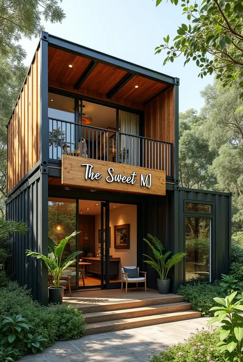 A beautiful two-story container house with a sign at the entrance that says “The Sweet MJ” 