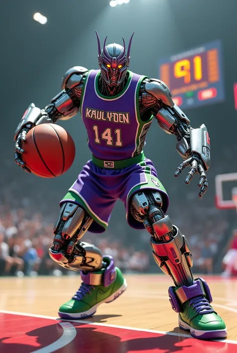 A photo of "Megatron" with metallic silver skin and robotic organic parts. He is wearing a violet and green 141 basketball t-shirt and shorts with the number "141" on it and has a basketball in his hand. He is wearing violet and green basketball shoes. "Me...