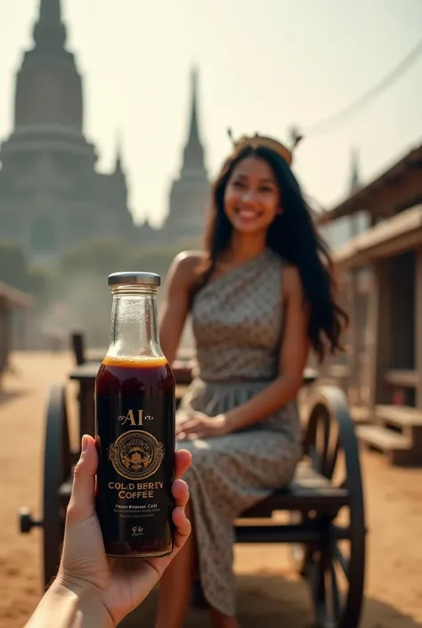 Thai couple riding on the back of a big wooden cart, old photo, looking at the camera, smiling a little, smart like this, deserted, before the final selection, crt, special event, not yet started, farming, smart eora, meme of the year, hot day, dust, dirt ...