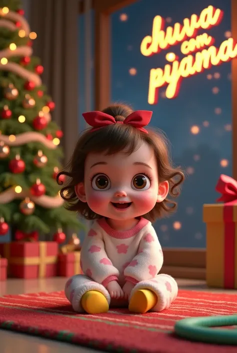 a vivid and detailed 3D rendered scene of a adorable baby girl with endearing and charming features, perfectly suited for a baby store, sitting on a vibrant red and green striped rug in a cozy living room, surrounded by the magic of Christmas, with a majes...