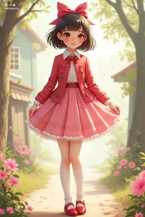 girl in pink dress ,  white stockings,  red shoes and red jacket