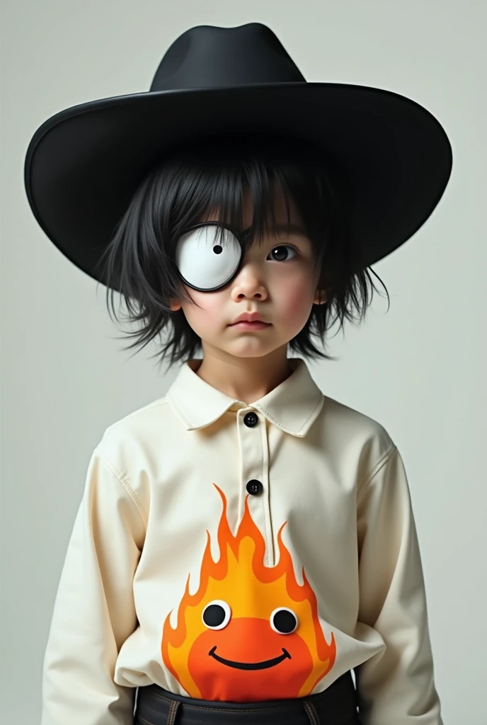 A small boy , black hair up to the eyes ,  wearing a black cowboy hat and a white eye slap ,  wearing a white shirt with a print of a fire with eyes and a smile