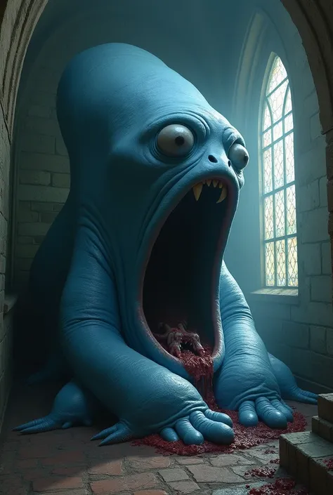 Create an image of a 2-meter tall slug,  in blue with the dress of sadness intensely ,  but you will give this slug eyes without eyelids and a human mouth but without all the teeth  , Youll put this slug in a corner church on one of the walls, eating peopl...