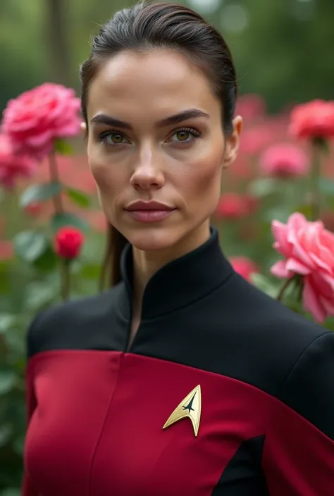 portrait of Gul Gadot, woman wearing (Star Trek pcdst red uniform, black pants, black long sleeves:1.2), Star Trek Picard series, and standing in front of a rose garden. BREAK best quality, ultra high res, (photorealistic:1.4), raw photo, 1girl, bokeh, f1....