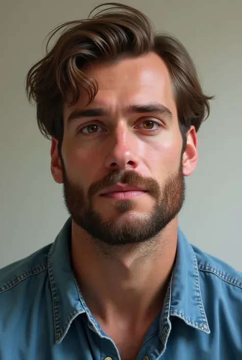  Create an image of a 28-year-old man ,  looking like light brown hair brushed to the side and short, dark brown eyes, short shabby beard , small nose, round face,  he wears a blue denim shirt 