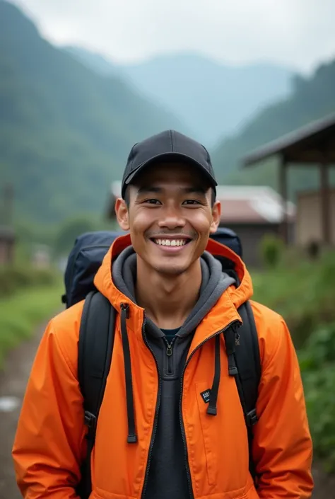 handsome Indonesian young man ((face visible, smiling, looking at the camera)), shaved head wearing a baseball cap, bright mountain jacket, carrying a backpack, rural view, morning atmosphere. ((leica camera)), ((wide lens, f18)), ((masterpiece, best quali...