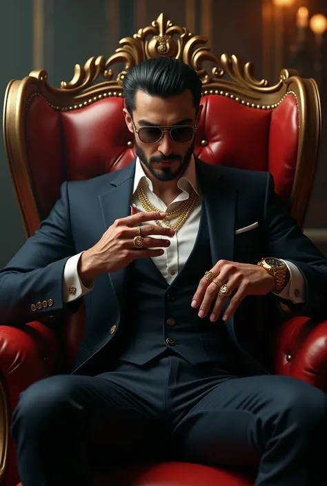 Shiri with a suit and glasses in his eyes is so handsome, ring to his fingers gold neckband with gold watch in his hands sitting on a mafia chair lighting a cigarette