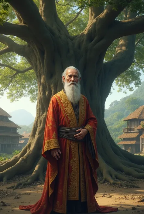 A wise elder in an ornately decorated robe stands under a banyan tree. His eyes radiate peace and serenity ,  while in the background you can see the typical traditional Timor houses .

