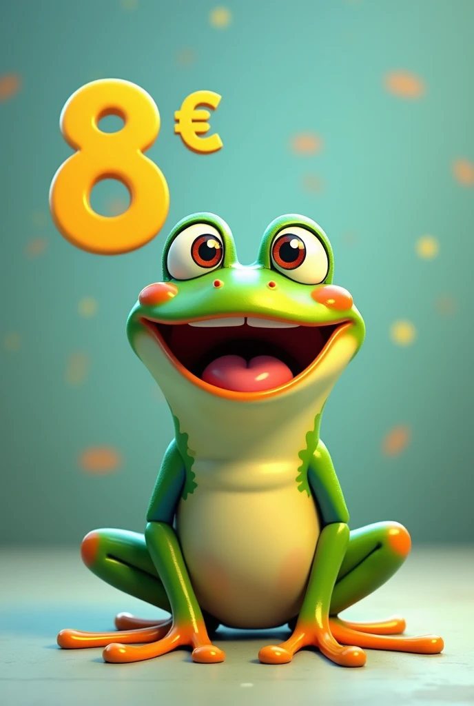 Generate an image of an animated frog with the price on the side 8 reais a little higher than the yellow color written 8 reais