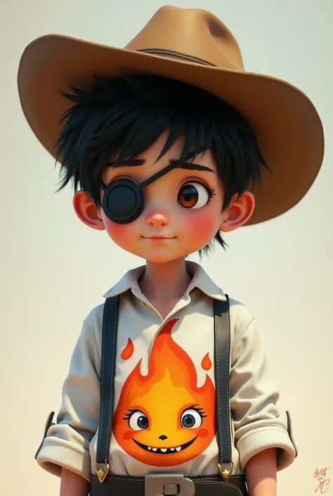 Short male boy ,  with black hair up to his eyes ,  wearing an eye slap and a cowboy hat ,  wearing a white blouse with a fire with eyes and a smile printed on the shirt.