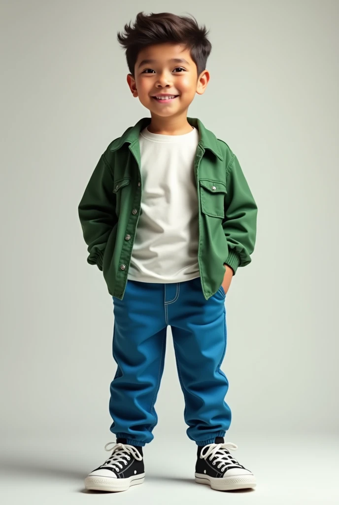 boy in blue pants , camisa blanca, black and white sneakers and green jacket