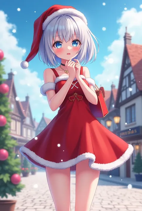  masterpiece ,  best quality, light blue eyes , 1 girl, Blush, Body of a young man , no errors in the images ,  An anime girl with a perverted face,  her wearing a short Christmas dress, white hair, holding a Christmas bag , With high quality, short hair, ...