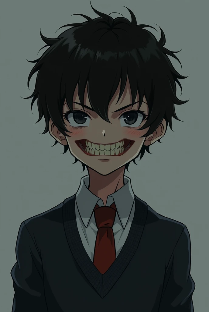 Best quality, high resolution, detailed, black haired boy, pitch black eyes, quite muscular build, wearing a school uniform, terrifying grin in his face