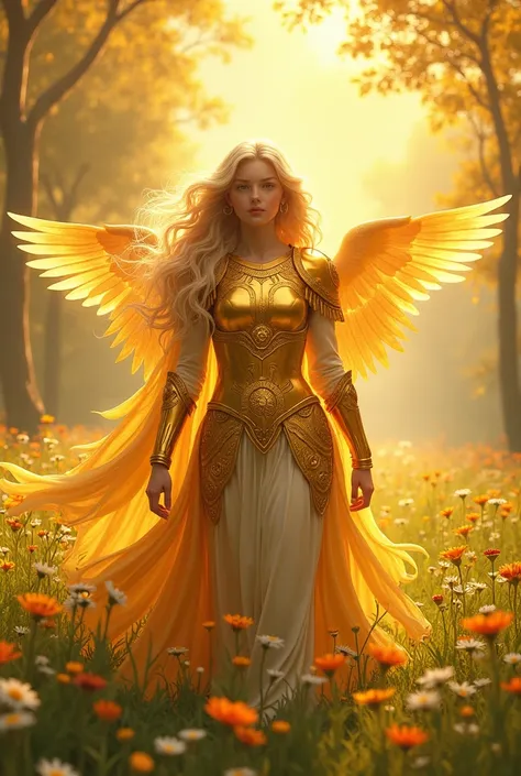 female sun themed summer paladin with a cherubic face and golden blonde hair wearing golden armor standing in a lush sunny field with colorful spring wildflowers