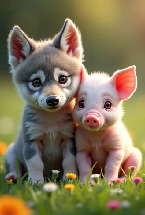  An ultra-realistic image of a wolf cub and a baby piglet side by side ,  displaying an unexpected and enchanting connection .  The baby wolf has a soft coat in shades of gray and white ,  with erect ears and large, bright eyes ,  full of curiosity . by yo...