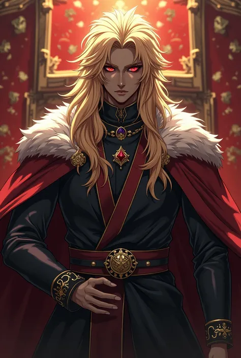 Dark tone skin, blond hair, red eyes, king of the empire, anime, cold, strict, nonchalant 