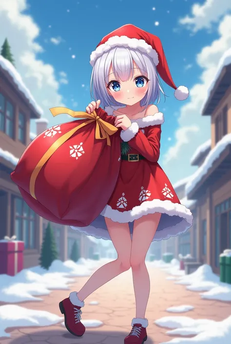  masterpiece ,  best quality, light blue eyes , 1 girl, Blush, Body of a young man , no errors in the images ,  An anime girl with a perverted face,  she is wearing a short Christmas dress, white hair, holding a big Christmas bag , With high quality, short...