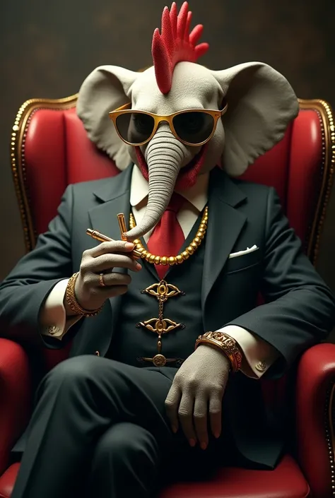 HUMANOID CHICKEN ELEPHANT WITH A SUIT AND MAFIA GLASSES IN HIS EYES IS SO HANDSOME RING TO HIS FINGERS GOLD NECKLACE WITH GOLD WATCH IN HIS HANDS SITTING ON A MAFIA CHAIR LIGHTING CIGARETTES WITH GOLD WAND