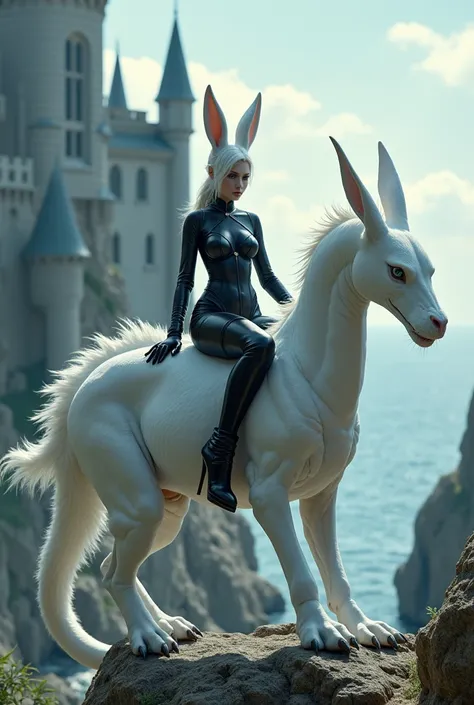 Gorgeous seductive catwoman with ears of a white fluffy rabbit, hyper high heels, riding a huge white fluffy dragon, fantasy, on the background of a castle and the ocean, professional photo full HD HDR 