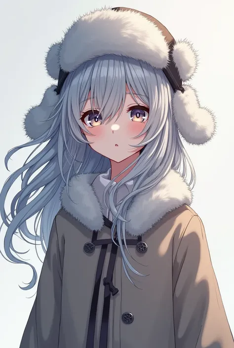 long silver haired anime girl with white hair wearing a ushanka standing at 173 cm tall while looking at the camera