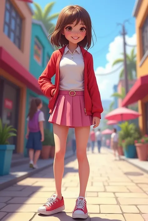 girl in pink skirt , polo blanco,  red jacket and sneakers