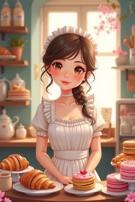  French chick working in a pastry shop, kawaii illustration for ren 