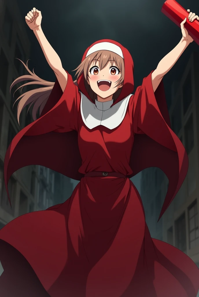 Make a white girl with light brown hair ,  wearing the entire costume from The Handmaids Tale series holding a cylindrical red object that symbolizes graduation, Do a cute girl with long hair in an epic happy pose in a dark anime format.